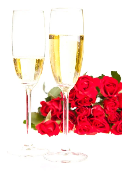 Τριαντάφυλλα Του Αγίου Βαλεντίνου Και Σαμπάνια Κρασί Απομονωθεί Λευκό — Φωτογραφία Αρχείου