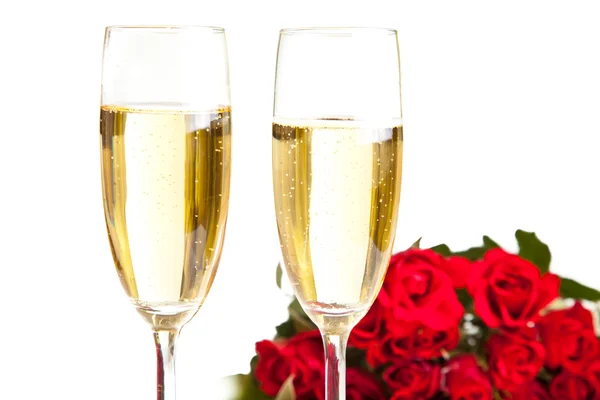 Dia Dos Namorados Rosas Vinho Champanhe Isolado Branco — Fotografia de Stock