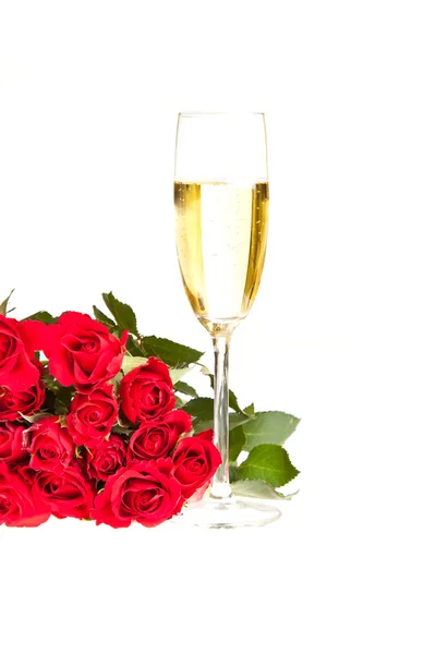 Rosas Del Día San Valentín Vino Champán Aislado Blanco —  Fotos de Stock