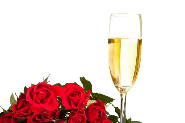 Walentynki róże i szampan wino na białym tle — Zdjęcie stockowe