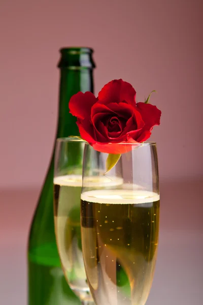 Dia Dos Namorados Rosas Vinho Champanhe Isolado Branco — Fotografia de Stock