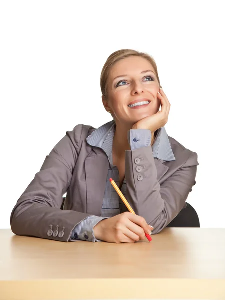 Woman Suit Sitting Desk Isolated White — Stock Photo, Image