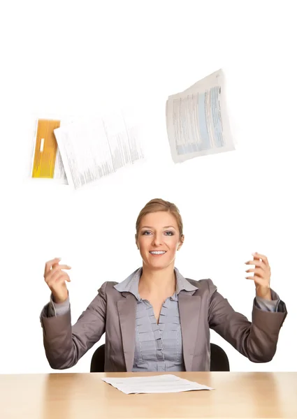Busiesswoman Throwing Documents Isolated White — Stock Photo, Image