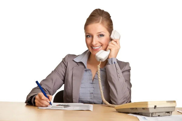 Empresária de terno falando no telefone isolado em branco — Fotografia de Stock