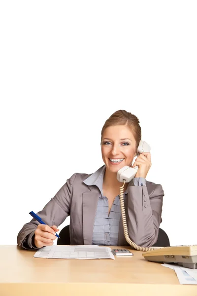 Empresária de terno falando no telefone isolado em branco — Fotografia de Stock