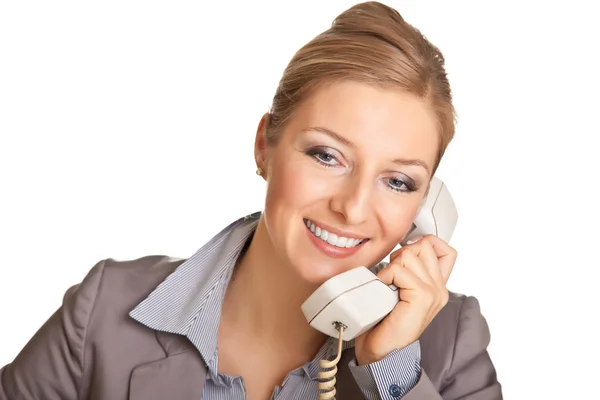 Kadını Kıyafetli Üzerinde Beyaz Izole Telefonda Konuşurken — Stok fotoğraf