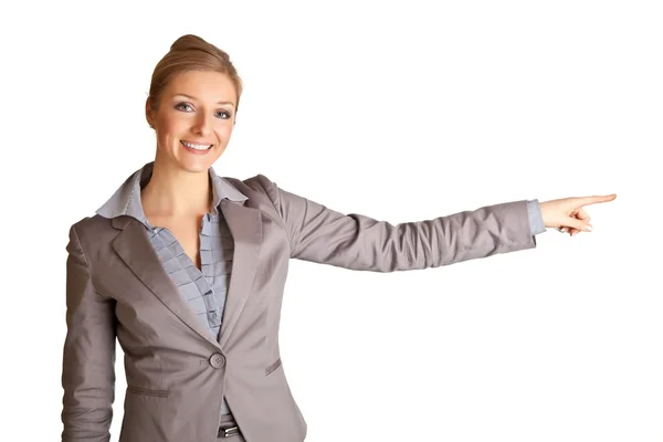 Affärskvinna Kostym Pekar Hand Isolerad Vit — Stockfoto