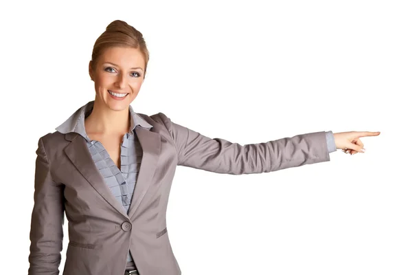 Affärskvinna i kostym pekar hand — Stockfoto