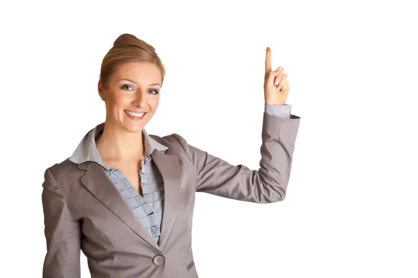 Geschäftsfrau Anzug Zeigt Mit Der Hand Auf Weiß — Stockfoto