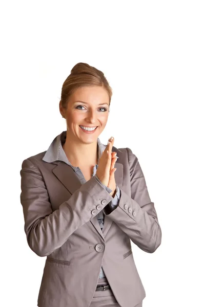 Mujer de negocios en traje señalando la mano —  Fotos de Stock