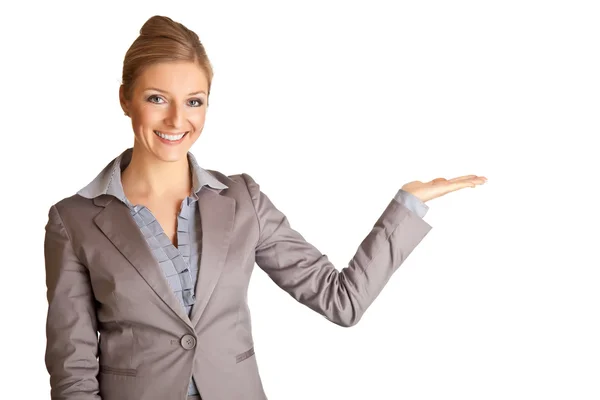 Femme d'affaires en costume pointant la main — Photo