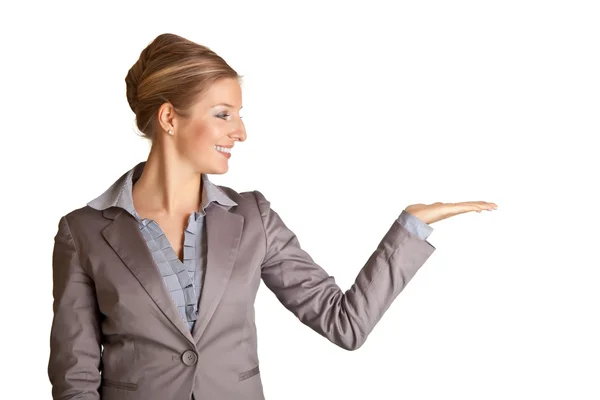 Бізнес-леді в костюмі вказуючи руку — стокове фото