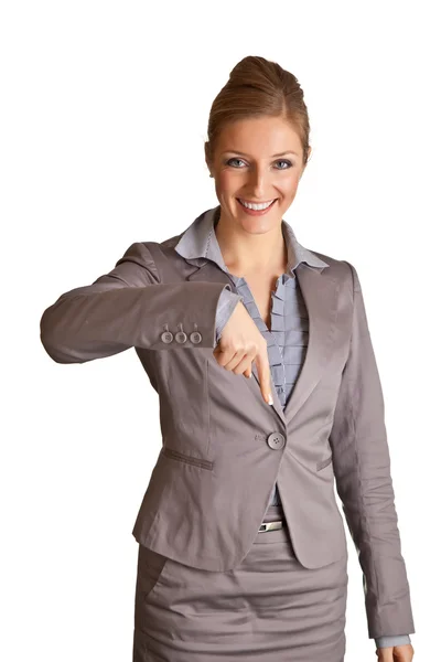 Mujer Negocios Traje Apuntando Mano Aislada Blanco — Foto de Stock