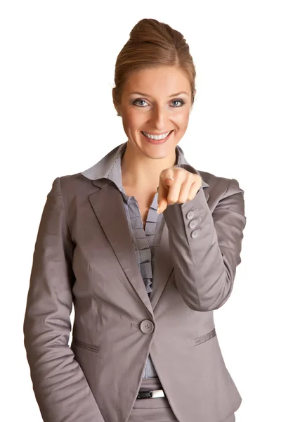 Affärskvinna Kostym Pekar Hand Isolerad Vit — Stockfoto