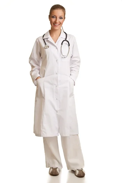 Médico mulher em uniforme com estetoscópio isolado em branco — Fotografia de Stock