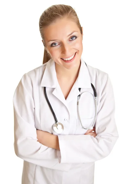Γυναίκα ιατρός με τη στολή με στηθοσκόπιο που απομονώνονται σε λευκό — Φωτογραφία Αρχείου