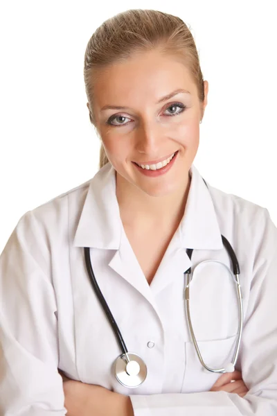 用听诊器孤立在白色制服的医生女人 — 图库照片