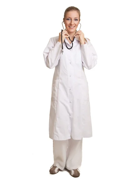 Lekarz Kobieta Mundurze Stetoskop Białym Tle — Zdjęcie stockowe