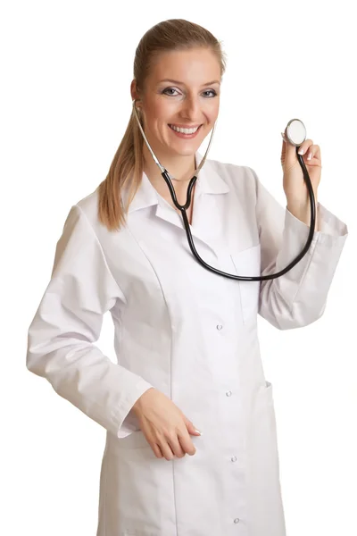 Medico Donna Uniforme Con Stetoscopio Isolato Bianco — Foto Stock
