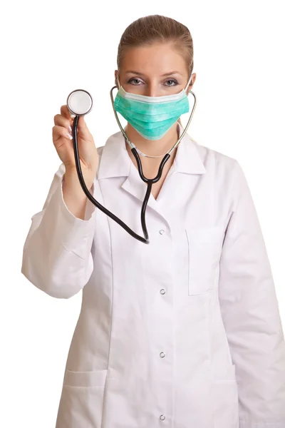 Médico mulher em uniforme com estetoscópio isolado em branco — Fotografia de Stock