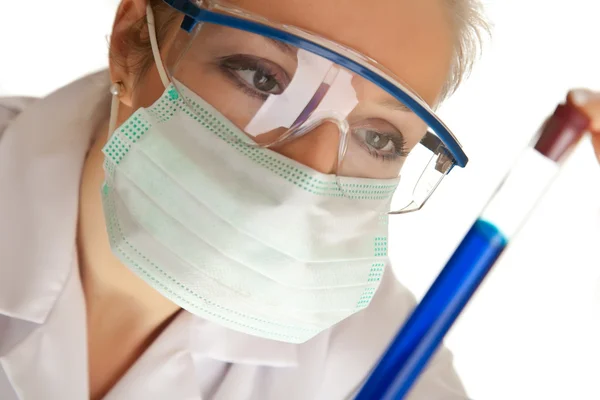 Isolated Scientist Woman Lab Coat Chemical Glassware — Stock Photo, Image