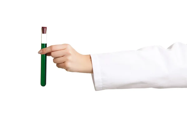 stock image Isolated scientist woman in lab coat with chemical glassware