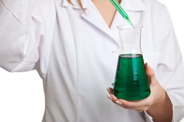Mulher Cientista Isolado Jaleco Com Produtos Químicos Vidro — Fotografia de Stock