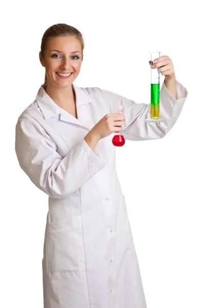 Mujer Científica Aislada Bata Laboratorio Con Cristalería Química —  Fotos de Stock
