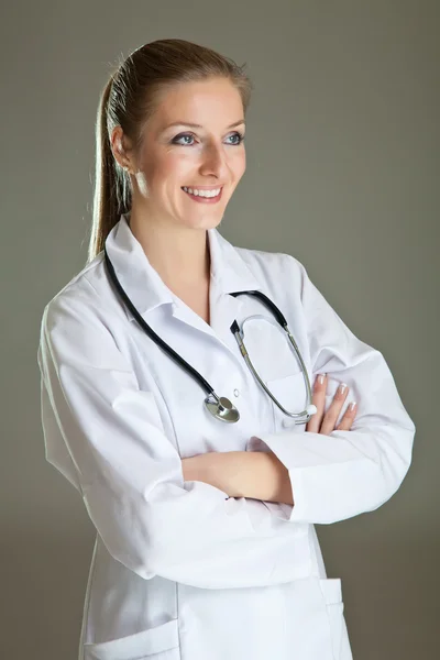 Medical Doctor Woman Uniform Stethoscope Neutral Gray Stock Picture