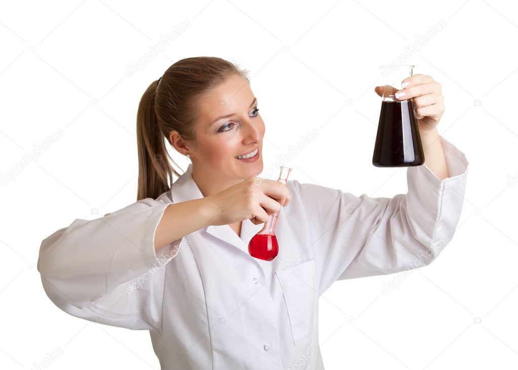 Isolated scientist woman in lab coat with chemical glassware — Stock ...