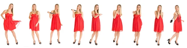 赤いドレスを着て白で隔離される白人の女性 — ストック写真