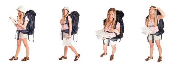 Дівчина з рюкзаком ізольована на білому різних позах — стокове фото