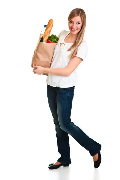 Bolsa de transporte mujer de comestibles aislada en blanco —  Fotos de Stock