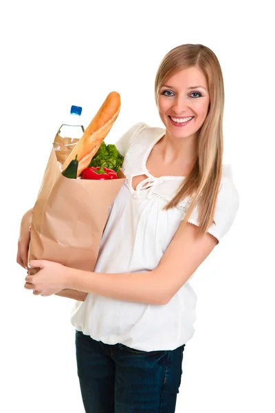 여자는 흰색 절연 식료품의 가방을 들고 — 스톡 사진