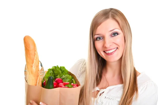 Bolsa de transporte mujer de comestibles aislada en blanco —  Fotos de Stock