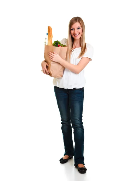 Mulher carregando saco de mantimentos isolados em branco — Fotografia de Stock