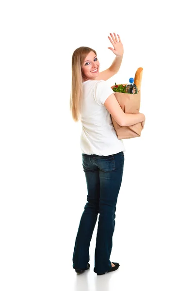 白で隔離される食料品の袋を運ぶ女性 — ストック写真