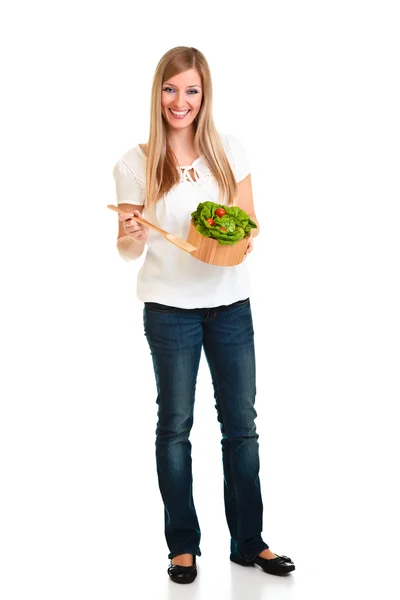 Žena se salátem izolovaných na bílém — Stock fotografie