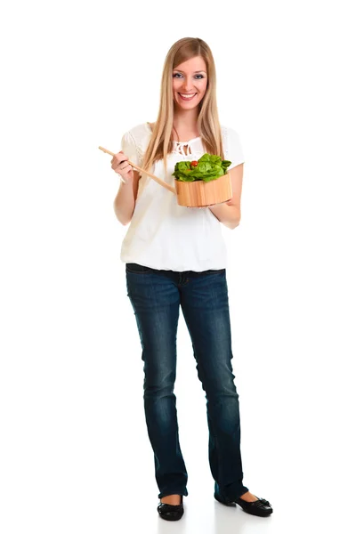 Woman with salad isolated on white — Stock Photo, Image