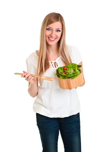 Nő elszigetelt fehér salátával — Stock Fotó