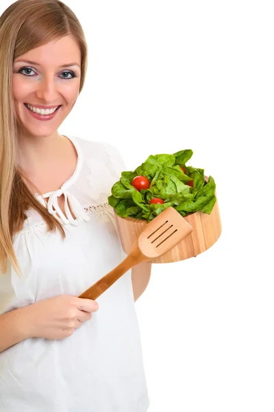 Donna con insalata isolata su bianco — Foto Stock