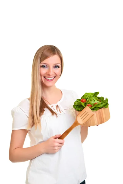 Femme avec salade isolée sur blanc — Photo