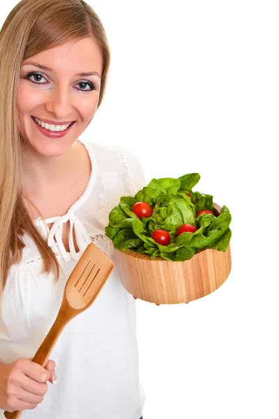 Mulher com salada isolada em branco — Fotografia de Stock