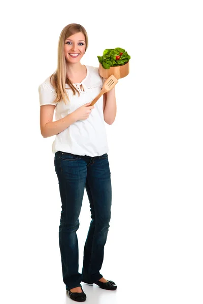 Mulher com salada isolada em branco — Fotografia de Stock
