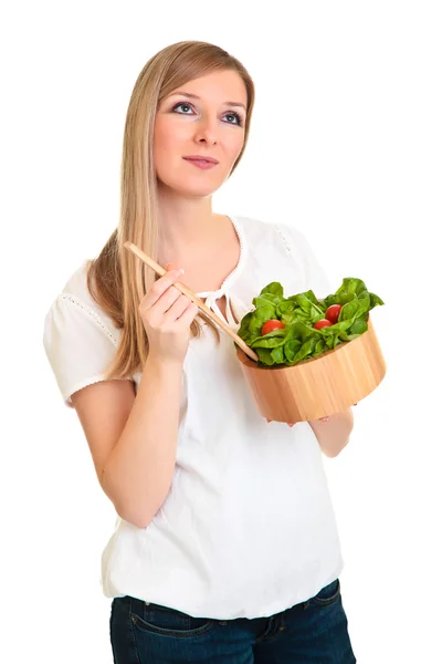 Femme avec salade isolée sur blanc — Photo