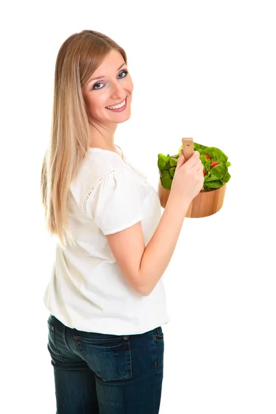Wanita dengan salad diisolasi di atas putih — Stok Foto