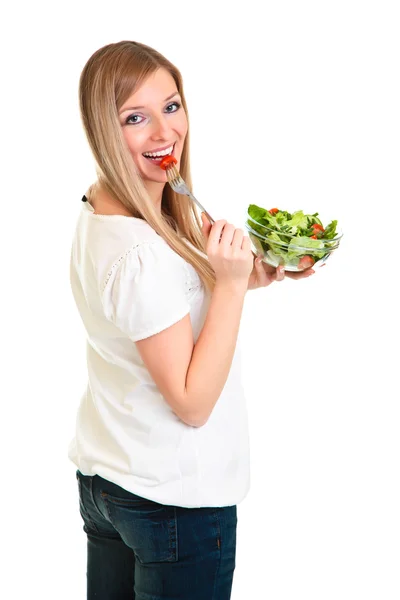 Mujer con ensalada aislada en blanco — Foto de Stock