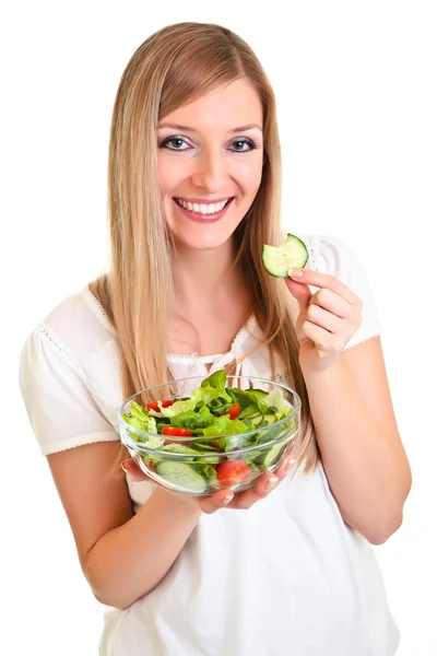 Žena se salátem izolovaných na bílém — Stock fotografie