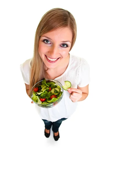Жінка з салатом ізольована на білому — стокове фото