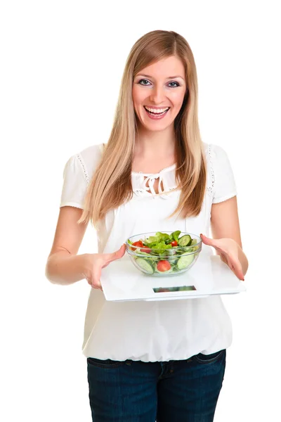 Vrouw met salade en schalen geïsoleerd op wit — Stockfoto